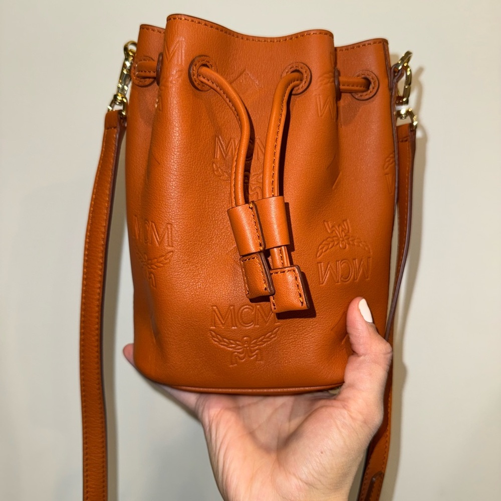 BRAND NEW MCM Cognac Leather Mini Bucket Bag